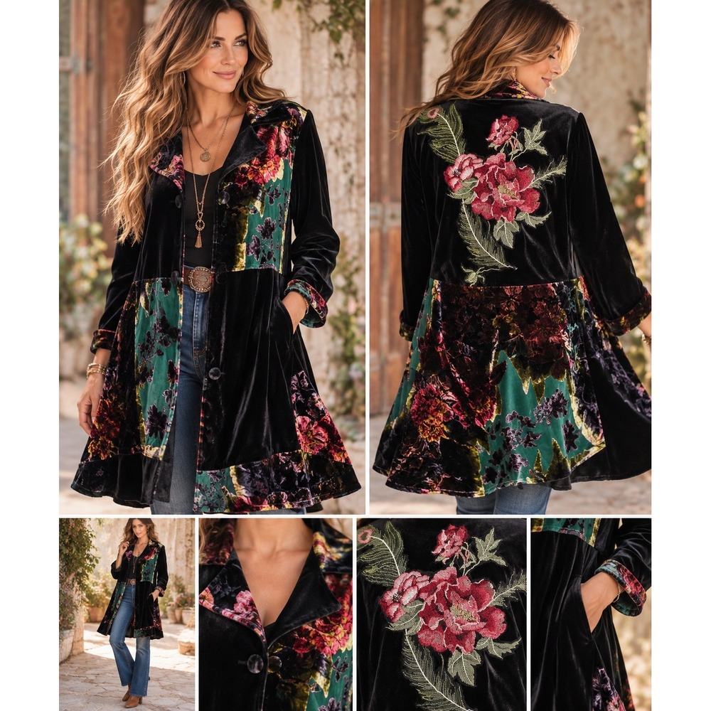 Ania A Jacket Floral Velvet Silk Blend Burnout Embroidered Boho Black Large